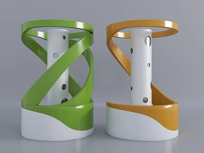 Modern Decorative Columns Featuring Green and Orange Spiral Design with Holes and White Base 3d model