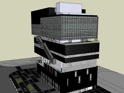 Modern Office Building With Glass Curtain Wall And Multi Storey Black White Exterior 3d model