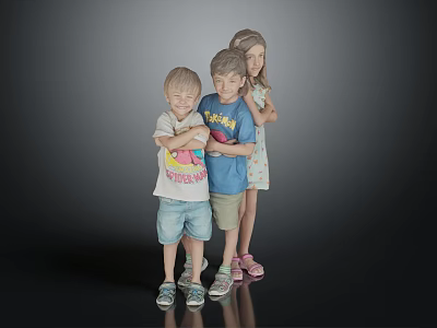 Three Children Standing Together In Casual Outfits With Gray Background 3d model