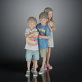 Three Children Standing Together In Casual Outfits With Gray Background
