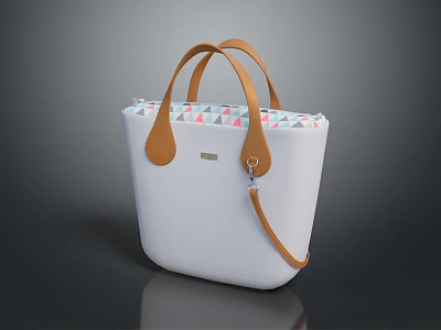 Stylish White Tote Bag with Brown Leather Handles Colorful Triangular Pattern Lining and Leather Charm 3d model