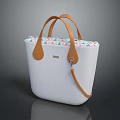 Stylish White Tote Bag with Brown Leather Handles Colorful Triangular Pattern Lining and Leather Charm