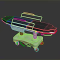 Mobile Medical Stretcher with Black Mattress White Frame Red Edges and Wheeled Hospital Transport Base