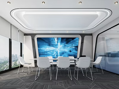 Modern Conference Room With Large Screen Long Meeting Table White Chairs And City View Windows 3d model