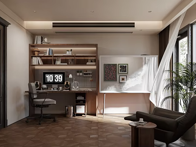 Modern Home Office Interior With Wooden Desk Bookshelf Clock Chair And Plant 3d model
