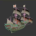 Detailed Model of Historical Wooden Sailing Ship with White Sails and Red Cross Flags