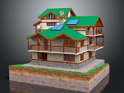 Cartoon Scene of Multi Story House With Green Roof Solar Panels Stone Walls And Balconies 3d model