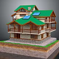 Cartoon Scene of Multi Story House With Green Roof Solar Panels Stone Walls And Balconies