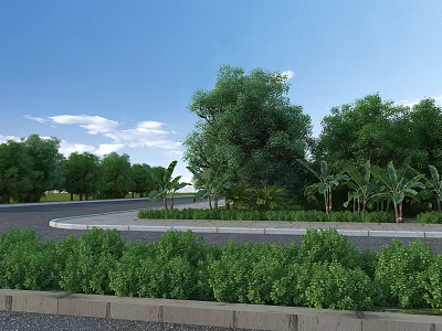 Lush Green Garden Landscape With Trees Bushes Under Blue Sky White Clouds Roadside Green Belt 3d model