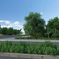 Lush Green Garden Landscape With Trees Bushes Under Blue Sky White Clouds Roadside Green Belt