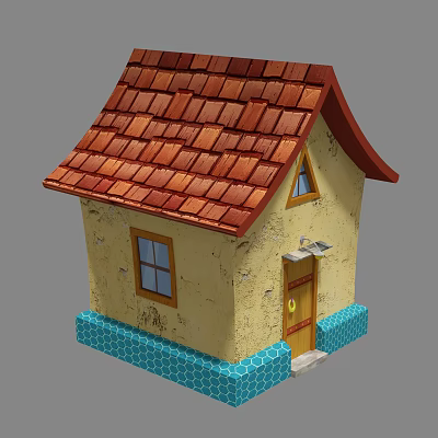 Charming Small House With Red Tiled Roof Yellow Walls Blue Base Wooden Door And Window 3d model