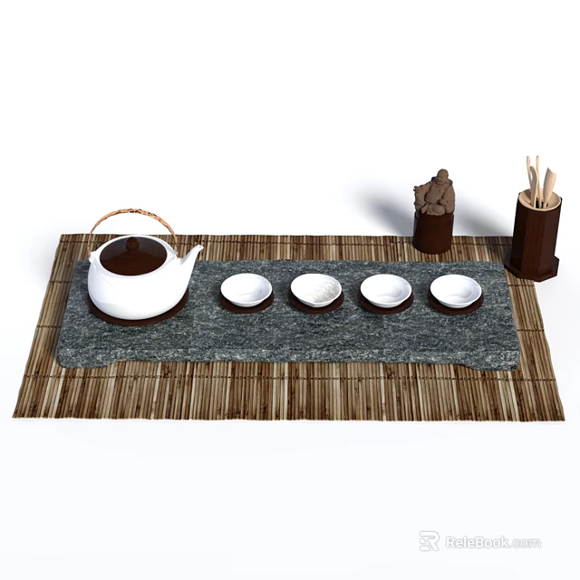 Traditional Tea Set With White Teapot Cups On Grey Stone Tray And Bamboo Mat 3d model 