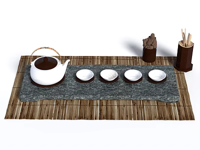Traditional Tea Set With White Teapot Cups On Grey Stone Tray And Bamboo Mat 3d model