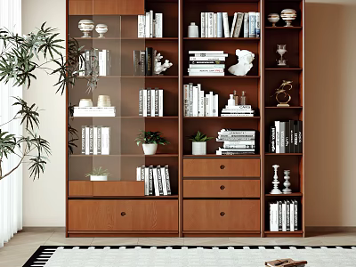 Modern Wooden Bookshelf With Multiple Shelves Organized Books Decorative Items And Small Potted Plants 3d model