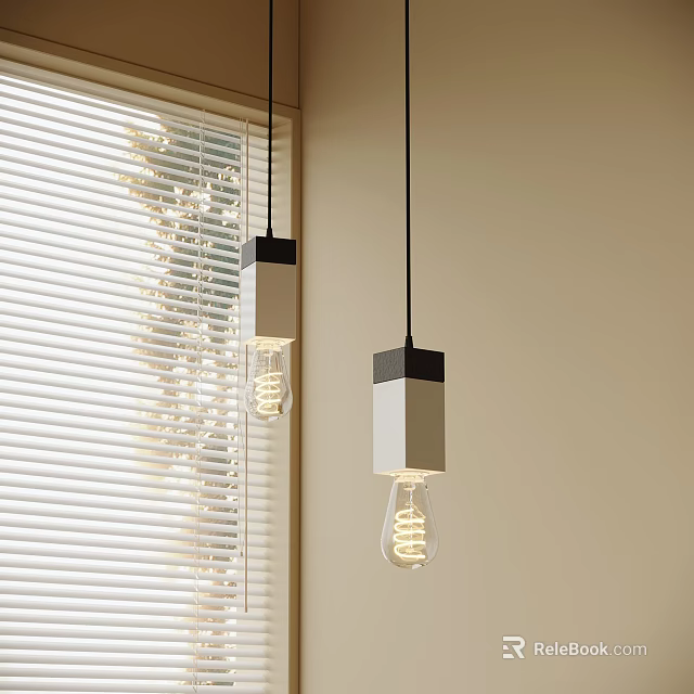Modern Square Pendant Lights With Spiral Bulbs Near Window Blinds 3d model 