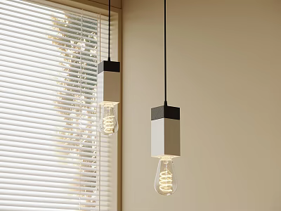Modern Square Pendant Lights With Spiral Bulbs Near Window Blinds 3d model