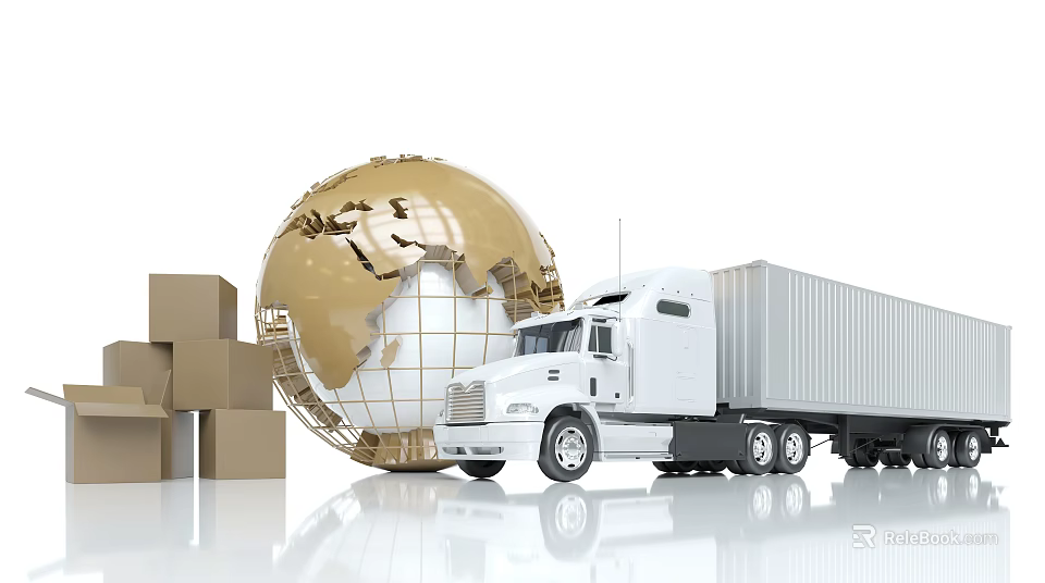 White Truck With Golden Globe And Cardboard Boxes For Global Logistics 3d model 