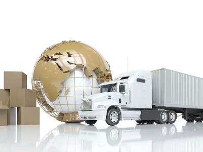 White Truck With Golden Globe And Cardboard Boxes For Global Logistics 3d model