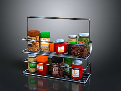 Stainless Steel Double Layer Spice Rack With Various Colored Spice Jars For Kitchen 3d model