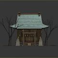 Cartoon Scene of Japanese Wooden House With Green Roof Bare Trees and Stone Lanterns