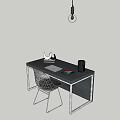 Black Office Desk With Metal Frame Wire Chair Laptop Cup Colorful Notepad Hanging Light Bulb
