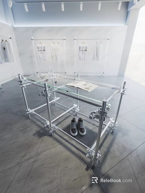 Modern Display Space With Glass Table Metal Frame Gray Shoes White Clothes 3d model 
