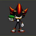 Black and Red Hedgehog Character Holding Green Gemstone Standing on Dark Surface