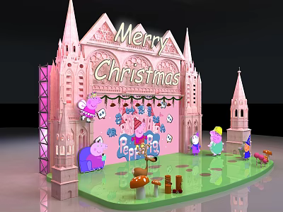 Pink Castle Style Christmas Stage With Cartoon Characters Mushroom Decorations And Green Floor 3d model