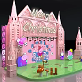 Pink Castle Style Christmas Stage With Cartoon Characters Mushroom Decorations And Green Floor