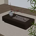 Modern Coffee Table on Mat with Vase Red Branches Tray Teapot Cups and Green Plants