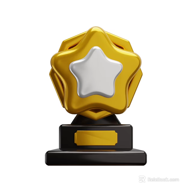 Golden Trophy Style Decorative Ornament Set With White Star On Black Base And Yellow Plaque 3d model 