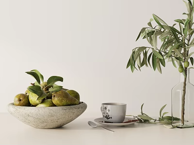 Decorative Ornament Set with Green Pears Stone Bowl Patterned Cup Saucer Glass Bottle Green Foliage 3d model