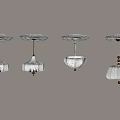 Set of Four White Patterned Ceiling Pendant Lights with One Illuminated Shade