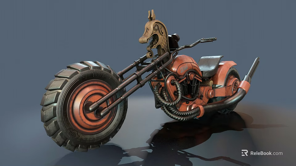 Steampunk Style Motorcycle With Large Tire Orange Black Color Mechanical Design And Animal Head Decoration 3d model 
