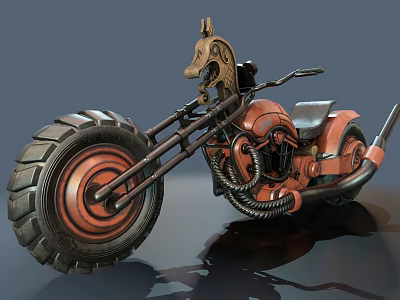 Steampunk Style Motorcycle With Large Tire Orange Black Color Mechanical Design And Animal Head Decoration 3d model