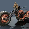 Steampunk Style Motorcycle With Large Tire Orange Black Color Mechanical Design And Animal Head Decoration