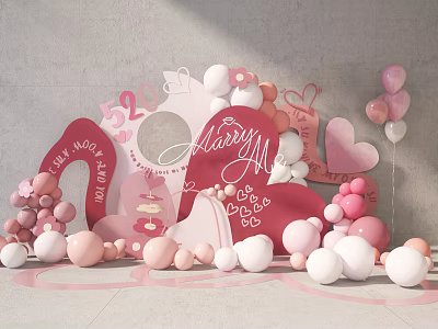 Romantic Love Celebration Decor With Pink White Balloons Heart Shaped Signs And Always Me Lettering 3d model
