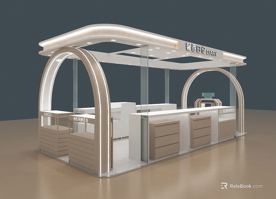 Modern Shopping Mall Counter With Arched Design Glass Elements Wooden Counter And CHEESE Signage 3d model 