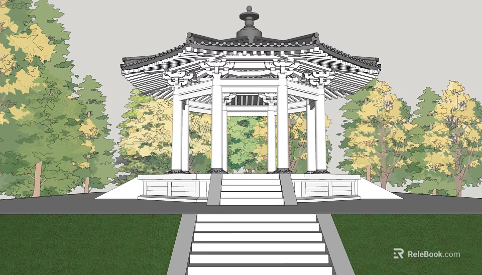 Traditional Chinese Pavilion With Curved Eaves White Columns And Green Trees Around 3d model 