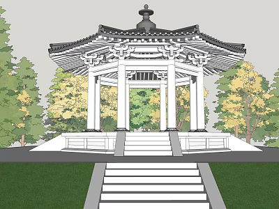 Traditional Chinese Pavilion With Curved Eaves White Columns And Green Trees Around 3d model