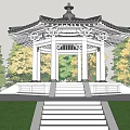 Traditional Chinese Pavilion With Curved Eaves White Columns And Green Trees Around