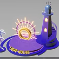 Purple Night Party Stage with Lighthouse Spiral Staircase Palm Tree and Sun Decoration