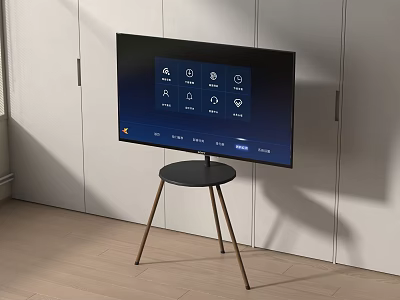 Smart TV Screen on Black Table with Gold Legs in White Cabinet Modern Living Room 3d model