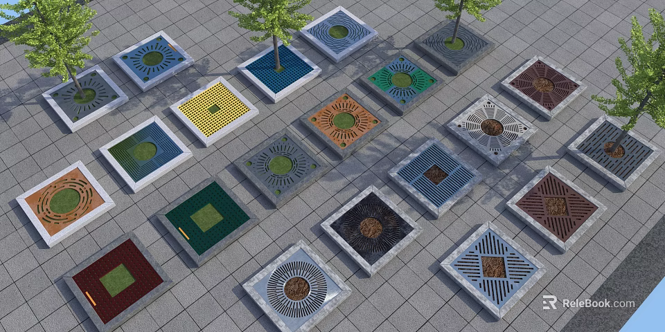 Colorful Square Tree Pits With Various Patterns And Trees On Paved Surface 3d model