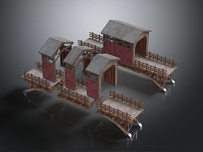 Traditional Chinese Wooden Bridge Components With Roofed Structures Red Doors And Railings 3d model