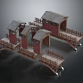 Traditional Chinese Wooden Bridge Components With Roofed Structures Red Doors And Railings