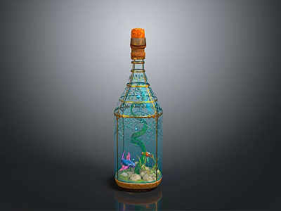 Decorative Glass Bottle With Orange Cork Golden Frame Green Plants Purple Flowers And Seashells 3d model