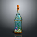 Decorative Glass Bottle With Orange Cork Golden Frame Green Plants Purple Flowers And Seashells