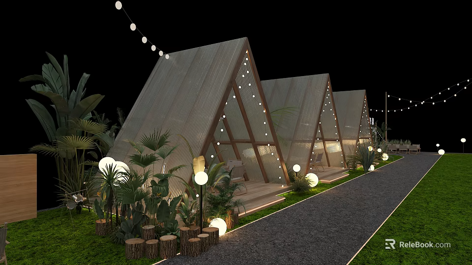 Garden Landscape with Triangular Tent Like Structures Glass Walls Gravel Path and Decorative Lights 3d model 