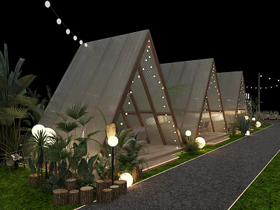 Garden Landscape with Triangular Tent Like Structures Glass Walls Gravel Path and Decorative Lights 3d model